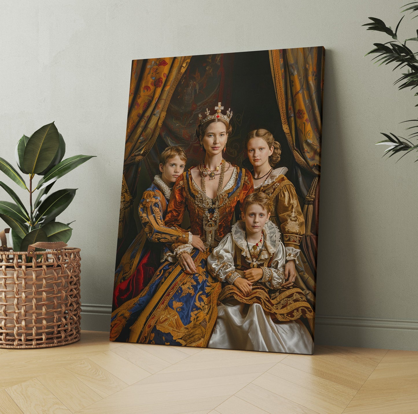 Royal Queen Family Portrait canvas print. Regal family in vintage style clothing displayed.
