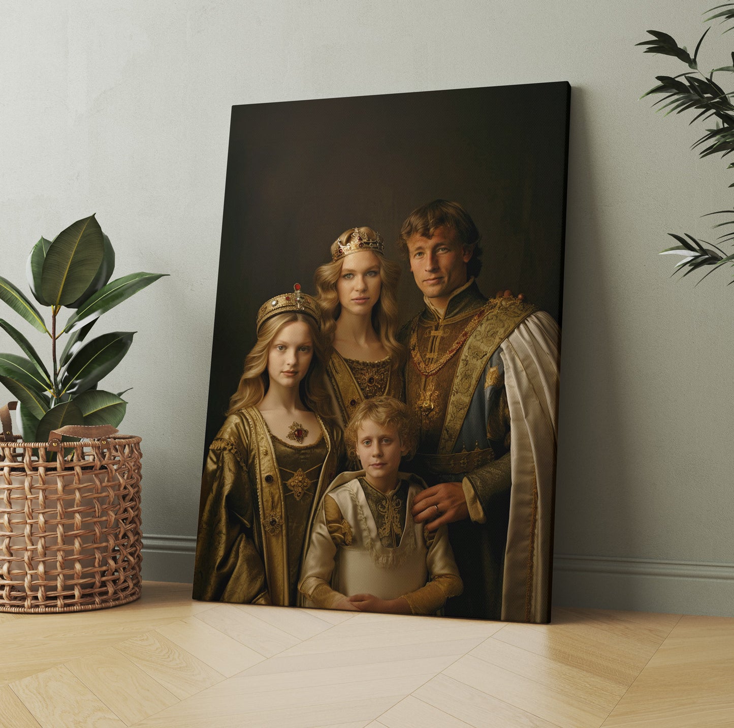 Custom royal family portrait. Unique regal art featuring a king, queen, and their children dressed in medieval attire.