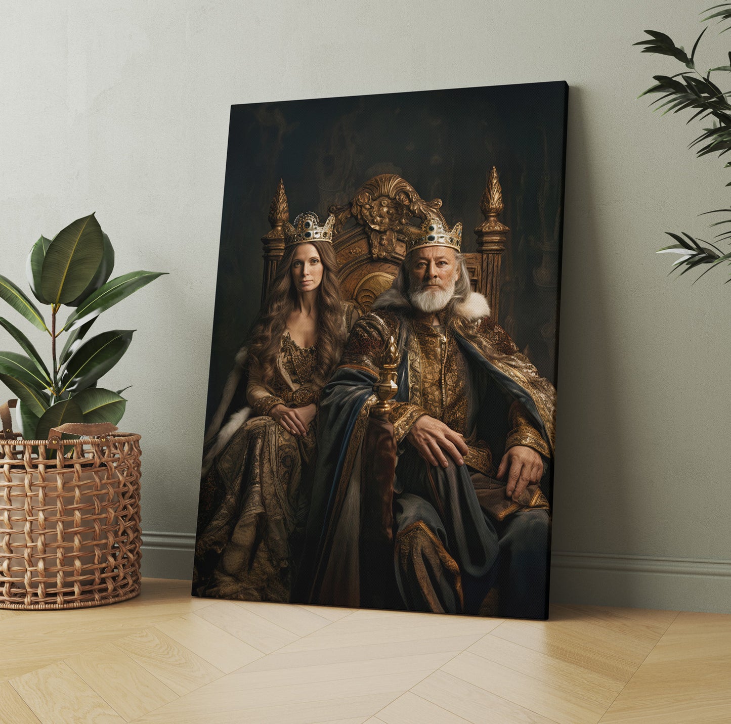 Elegant "Royal History Portrait" canvas art, featuring a regal king and queen on ornate thrones. Perfect for home decor.