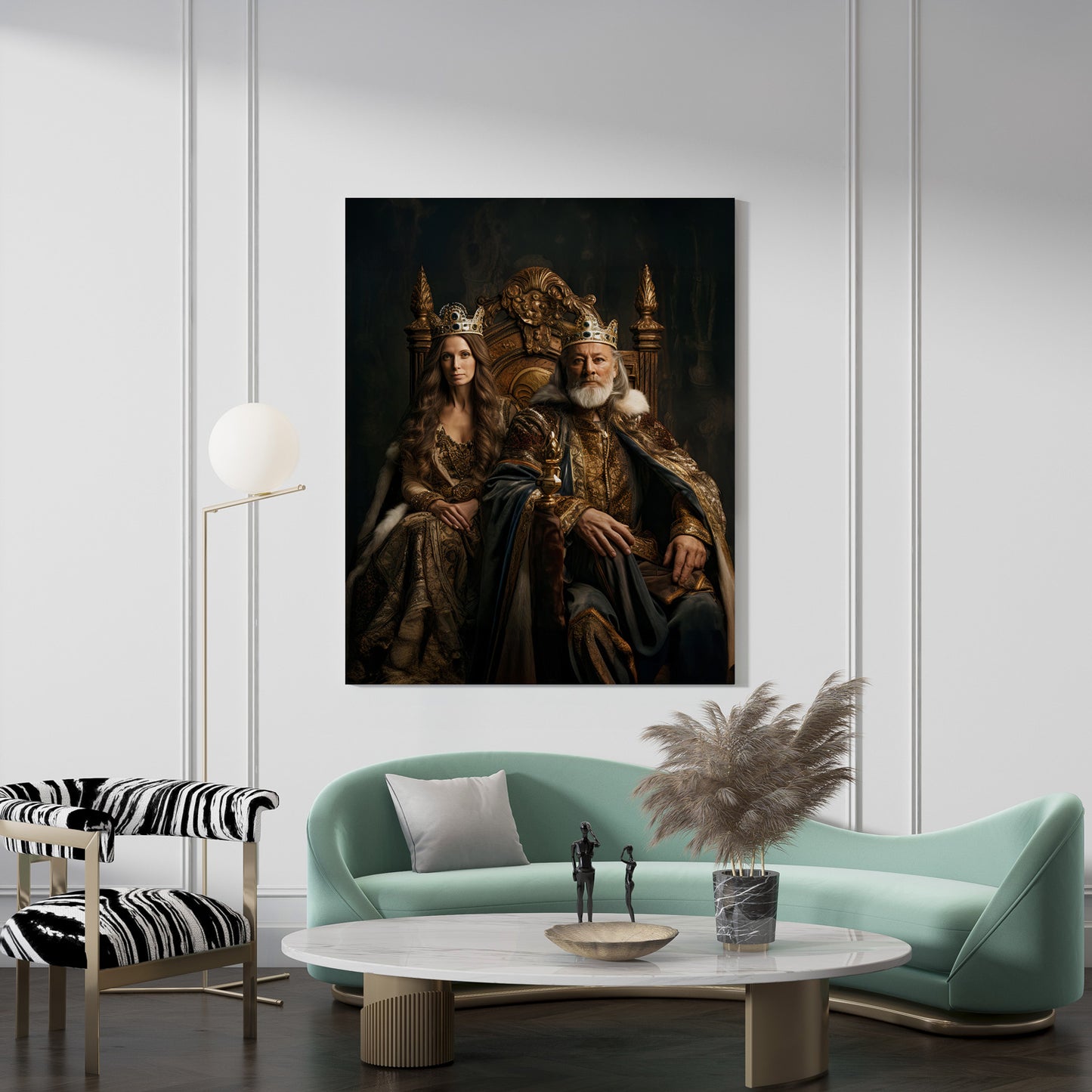 "Royal History Portrait" artwork displayed in a living room setting, showcasing interior design inspiration.