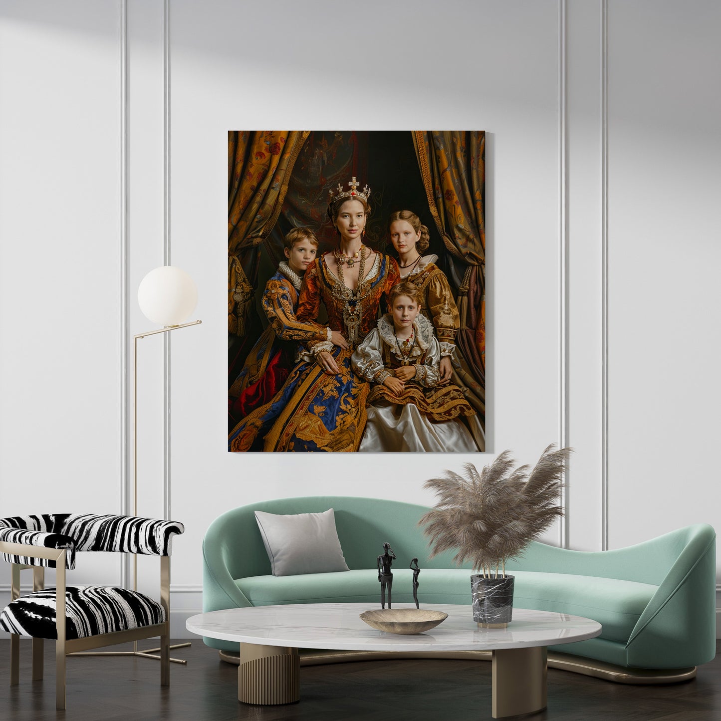 Royal Queen Family Portrait canvas art. Regal matriarch with children in historic style, perfect for adding classic elegance