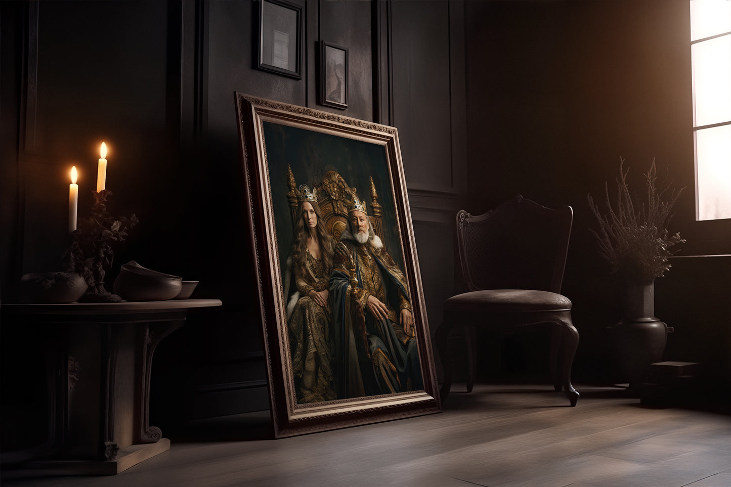 Royal History Portrait leaning in a dark room; historical king and queen fine art print.