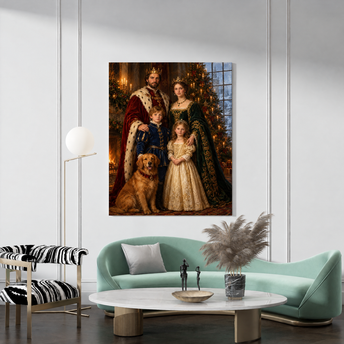 Custom royal family Christmas portrait on canvas in a living room