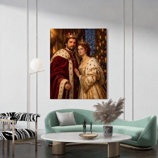 Custom royal Christmas portrait of a couple on canvas in a living room