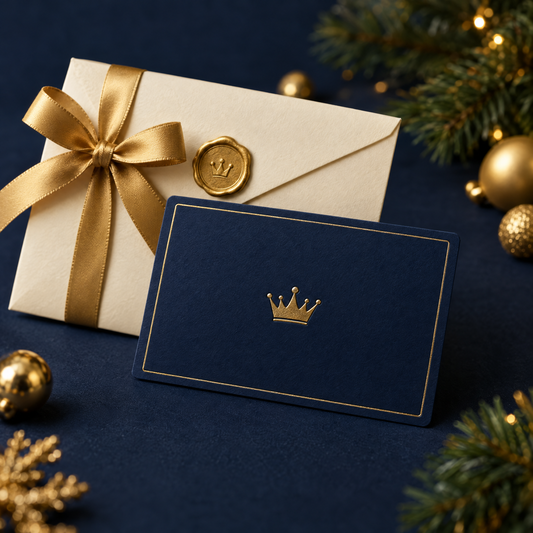 The Royal Portraits gift card with a gold crown beside a cream envelope