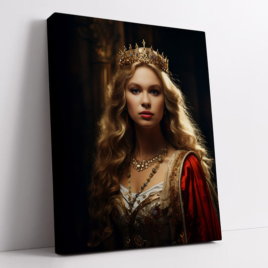 "The Majesty" canvas art showcasing a regal woman with a golden crown and flowing gown.