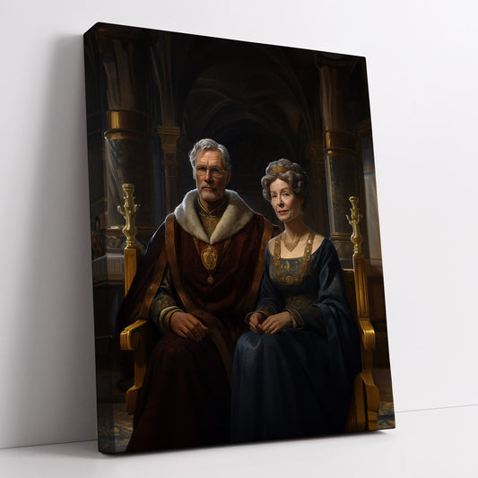 Elegant canvas print, "The Royal Hall," depicting a regal portrait of a king and queen in a castle setting.