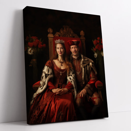 "The Romantic Couple" personalized royal portrait canvas showcasing a king and queen sitting in regal attire.