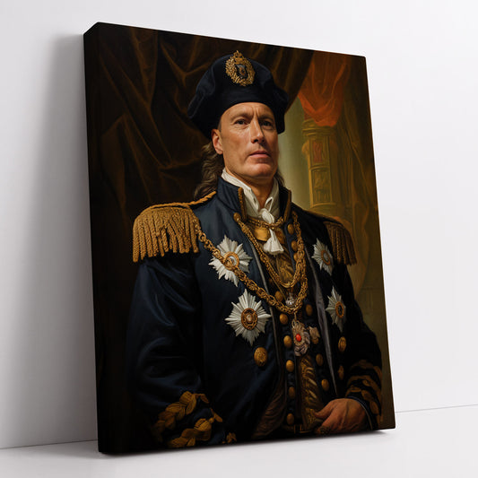 "The Admiral" canvas art: A regal, personalized portrait of a modern subject in classic naval attire.