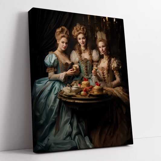 "The Royal Tea Party" canvas art depicting three women in regal attire enjoying tea and cakes. Elegant historical portrait.