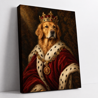 The Pet King – custom royal pet portrait from your photo, dog as a king in a crown and red velvet robe