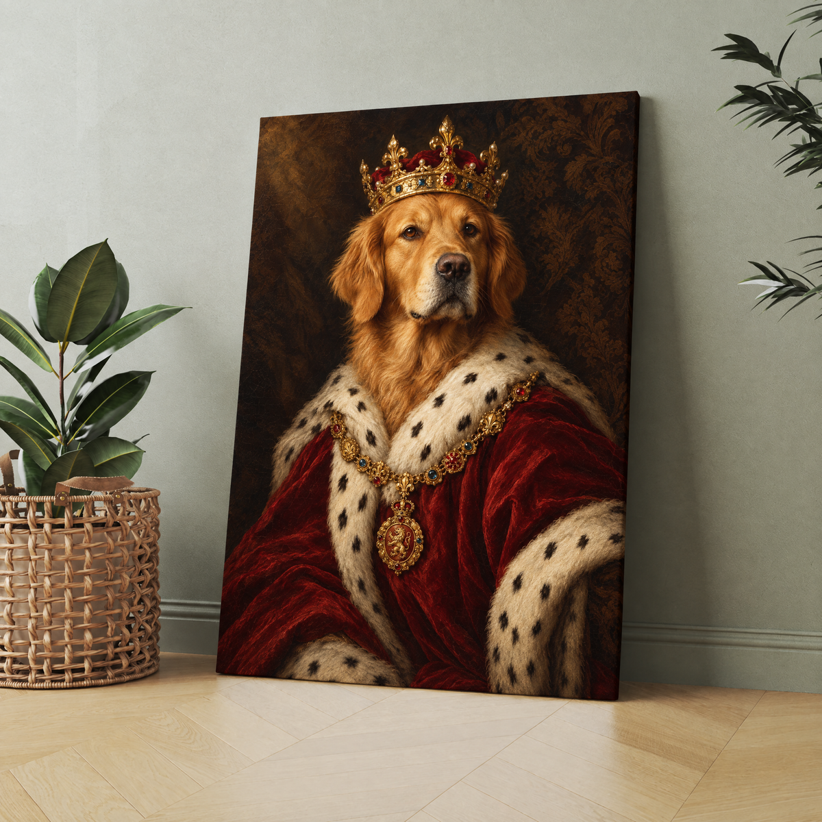 The Pet King custom royal pet portrait printed on canvas, personalized gift idea for pet lovers
