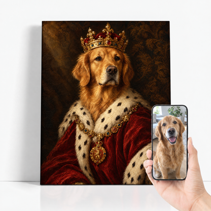 The Pet King before and after: customer pet photo beside the finished custom royal pet portrait