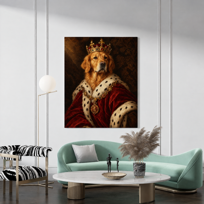 The Pet King custom royal pet portrait canvas hanging in a living room