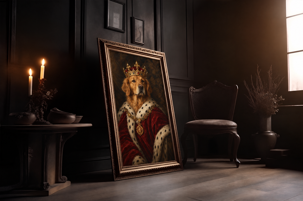 The Pet King custom royal pet portrait in a gold frame in a candlelit room