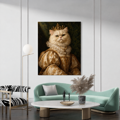 The Pet Queen custom pet portrait canvas hanging in a living room