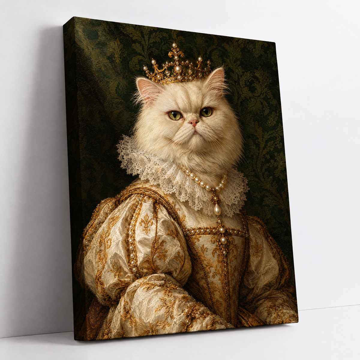 The Pet Queen – custom royal pet portrait from your photo, cat as a queen in a crown and ivory gown