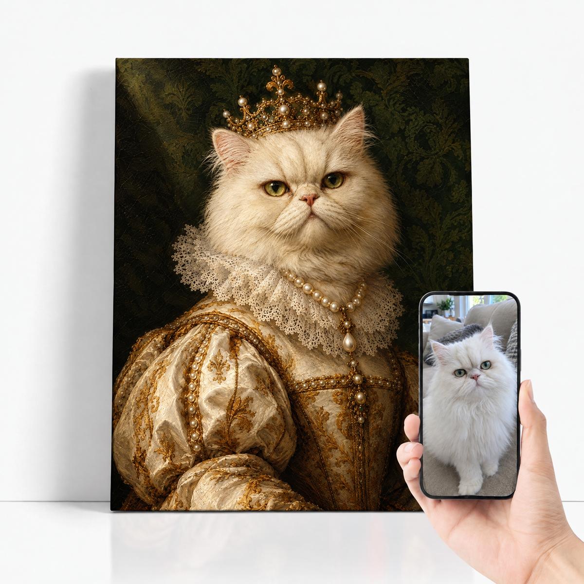 The Pet Queen before and after: customer pet photo beside the finished custom pet portrait