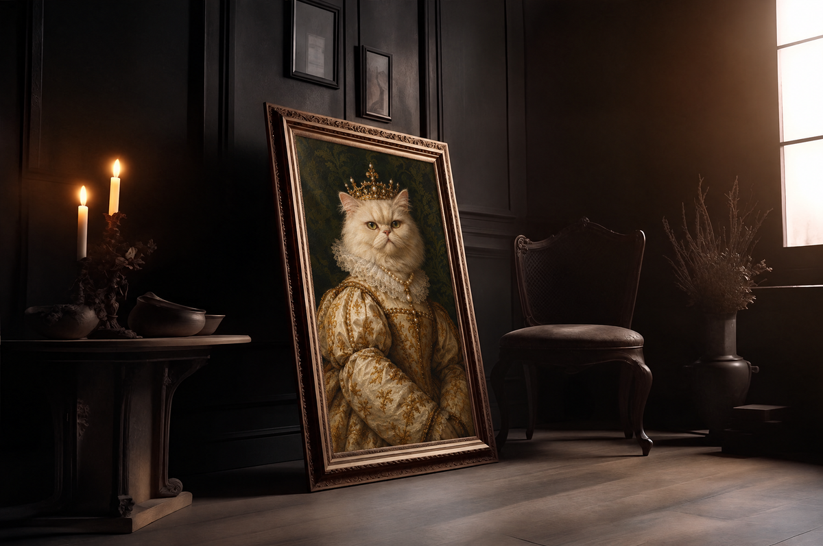 The Pet Queen custom pet portrait in a gold frame in a candlelit room