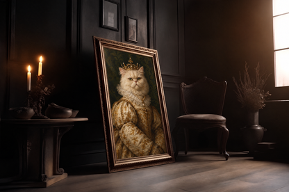 The Pet Queen custom pet portrait in a gold frame in a candlelit room