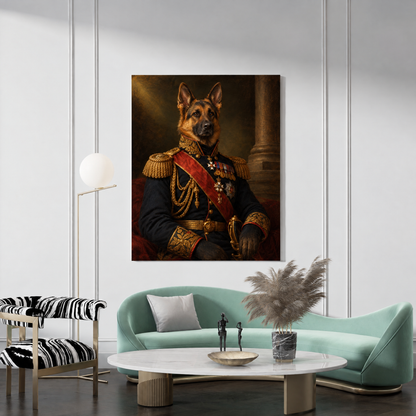 The Pet General custom pet portrait canvas hanging in a living room