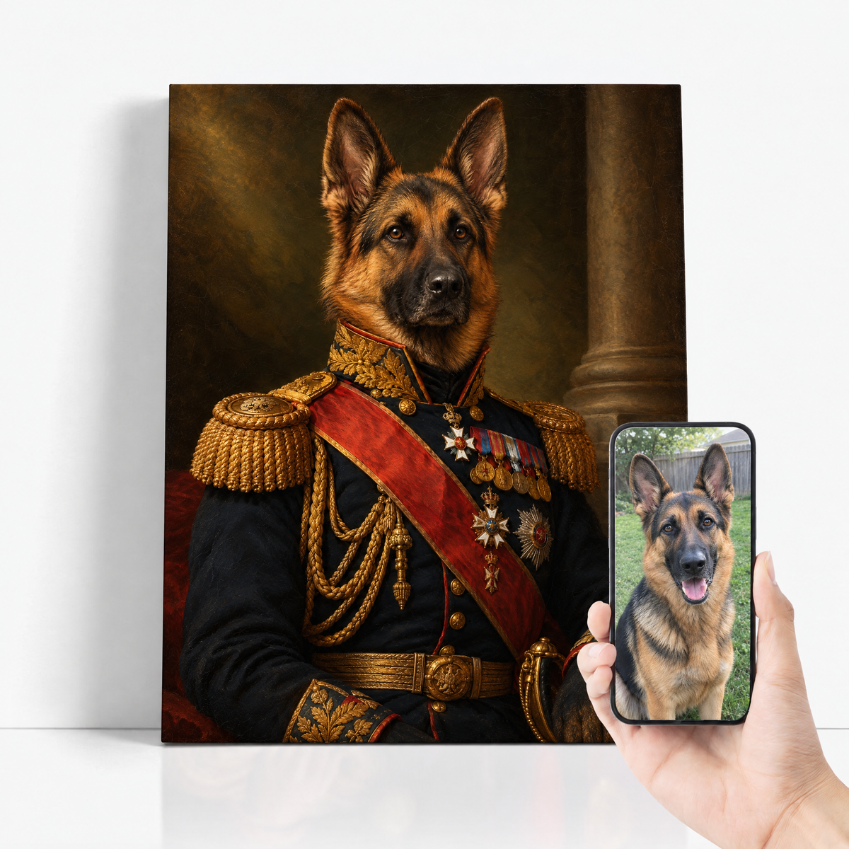 The Pet General before and after: customer pet photo beside the finished custom pet portrait