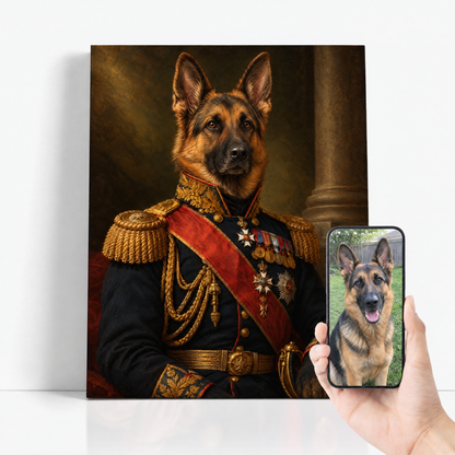The Pet General before and after: customer pet photo beside the finished custom pet portrait