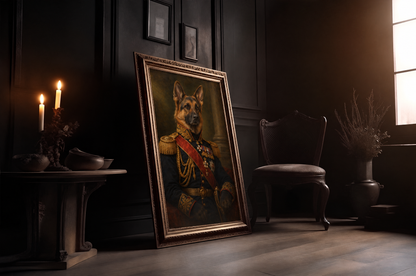 The Pet General custom pet portrait in a gold frame in a candlelit room