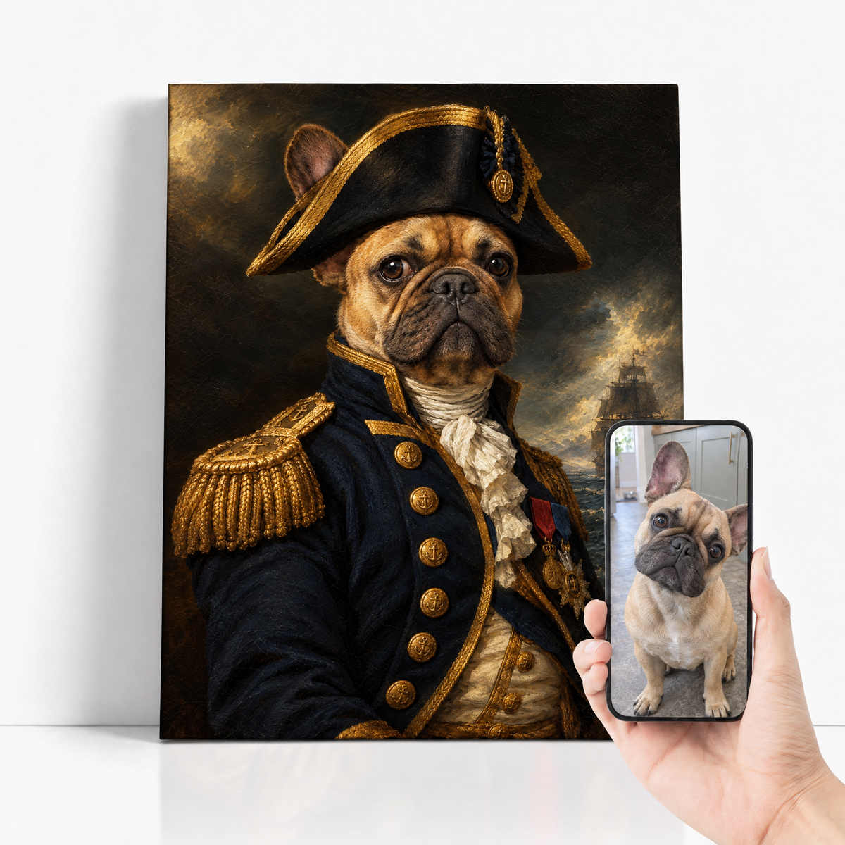 The Pet Admiral before and after: customer pet photo beside the finished custom pet portrait