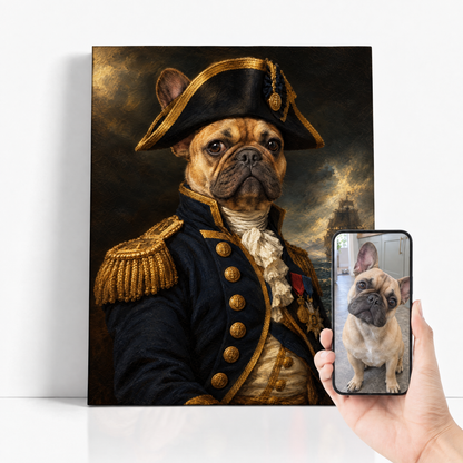 The Pet Admiral before and after: customer pet photo beside the finished custom pet portrait