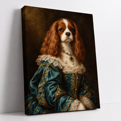 The Pet Duchess – custom royal pet portrait from your photo, dog as a duchess in a teal silk gown