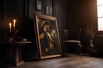 The Pet Admiral custom pet portrait in a gold frame in a candlelit room