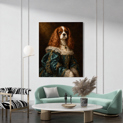 The Pet Duchess custom pet portrait canvas hanging in a living room