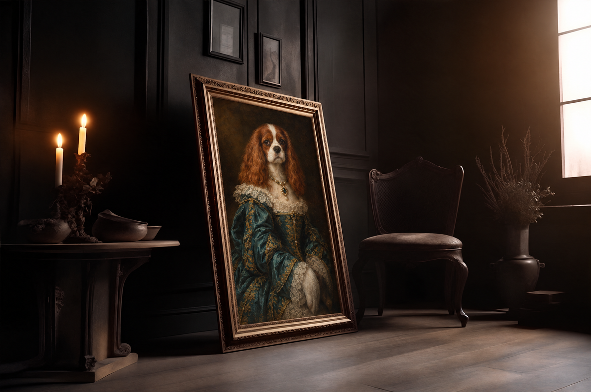 The Pet Duchess custom pet portrait in a gold frame in a candlelit room