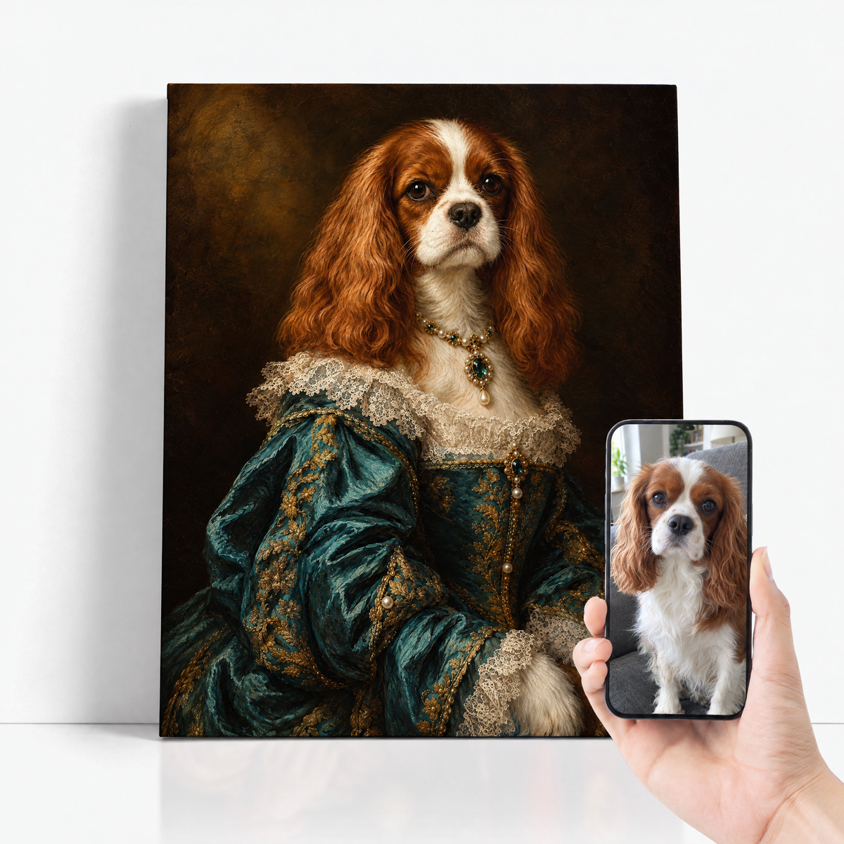 The Pet Duchess before and after: customer pet photo beside the finished custom pet portrait