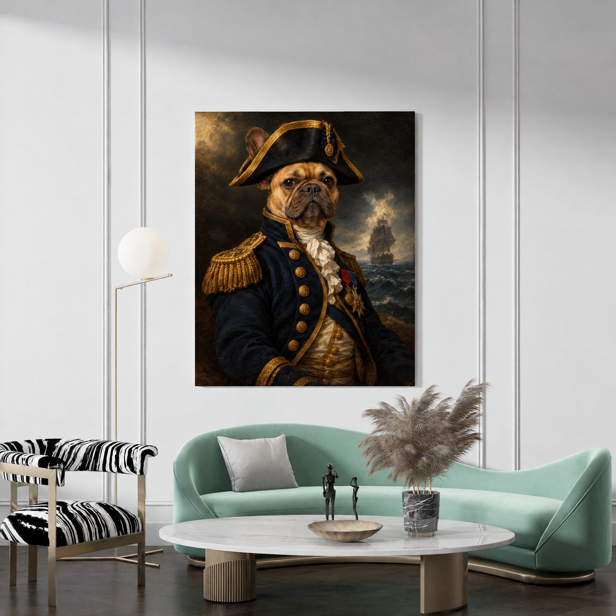 The Pet Admiral custom pet portrait canvas hanging in a living room