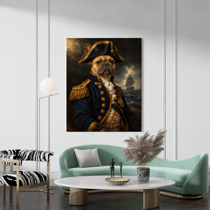The Pet Admiral custom pet portrait canvas hanging in a living room