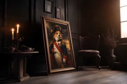 The Pet Napoleon custom pet portrait in a gold frame in a candlelit room
