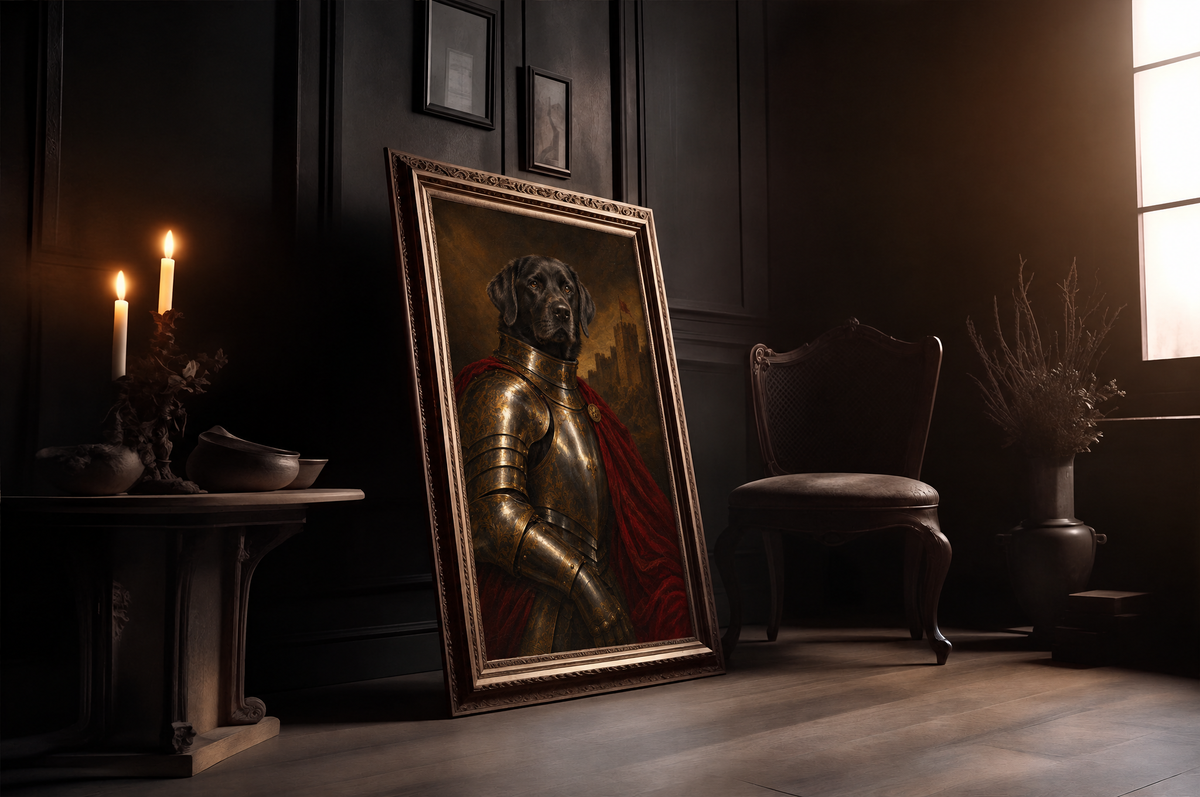 The Pet Knight custom pet portrait in a gold frame in a candlelit room