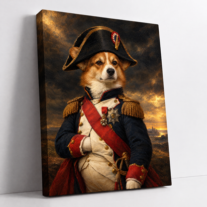 The Pet Napoleon – custom pet portrait from your photo, dog as Napoleon in a blue uniform and bicorne hat