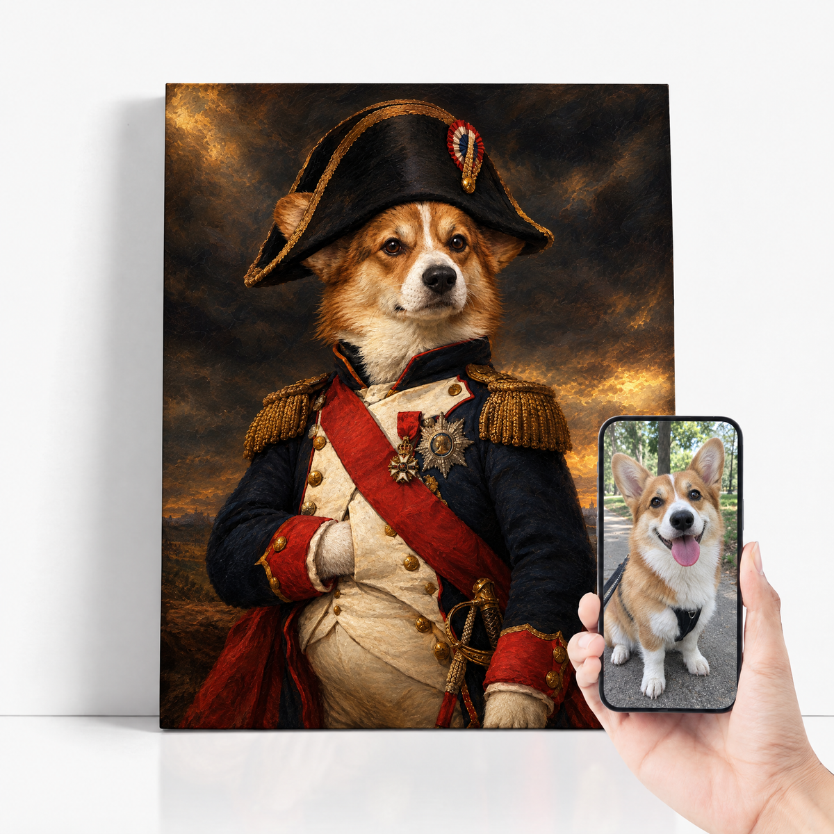 The Pet Napoleon before and after: customer pet photo beside the finished custom pet portrait