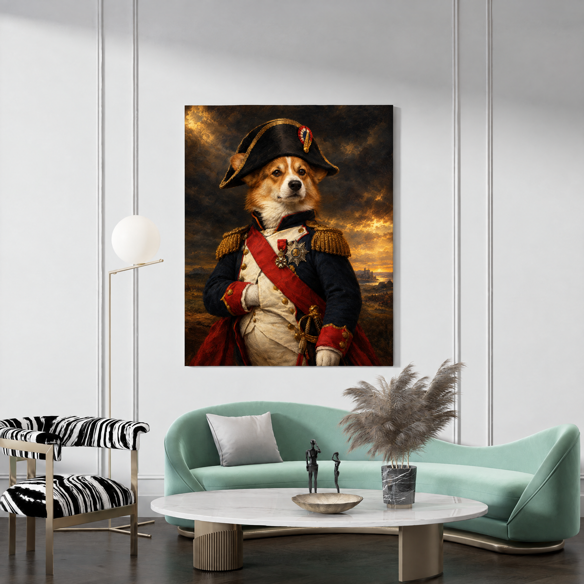 The Pet Napoleon custom pet portrait canvas hanging in a living room