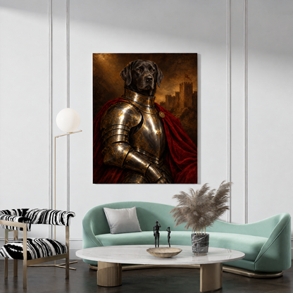 The Pet Knight custom pet portrait canvas hanging in a living room