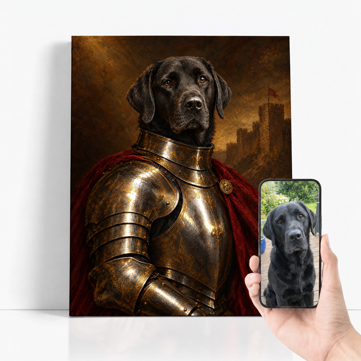 The Pet Knight before and after: customer pet photo beside the finished custom pet portrait