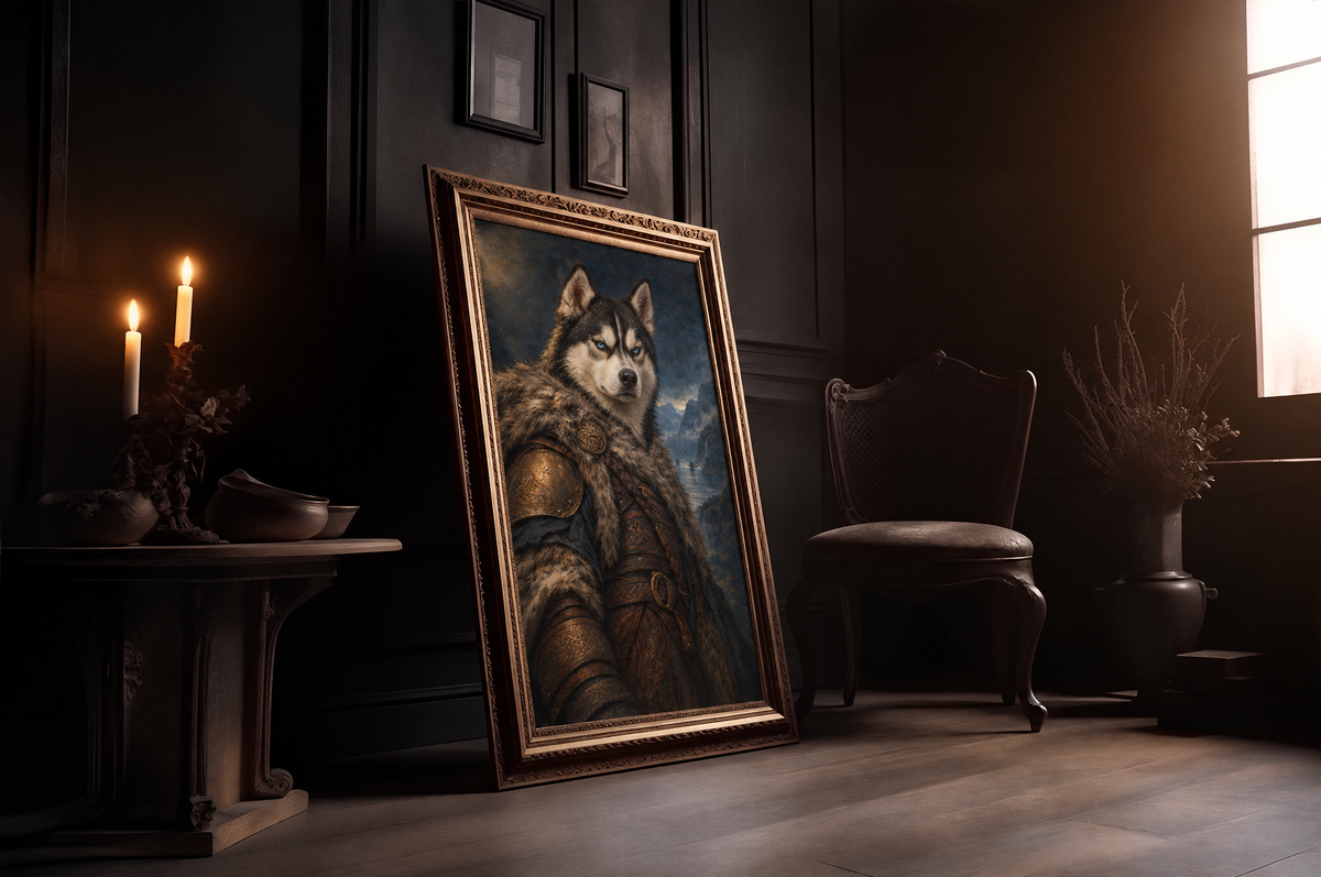 The Pet Viking custom pet portrait in a gold frame in a candlelit room