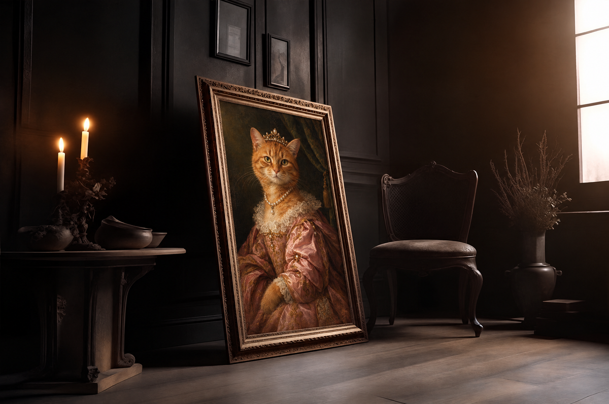 The Pet Princess custom pet portrait in a gold frame in a candlelit room