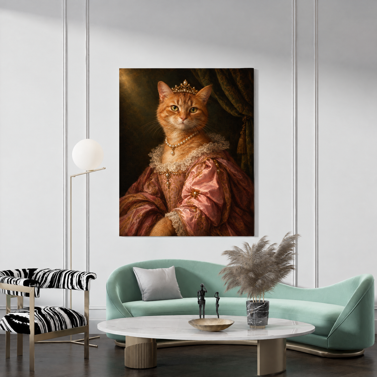 The Pet Princess custom pet portrait canvas hanging in a living room