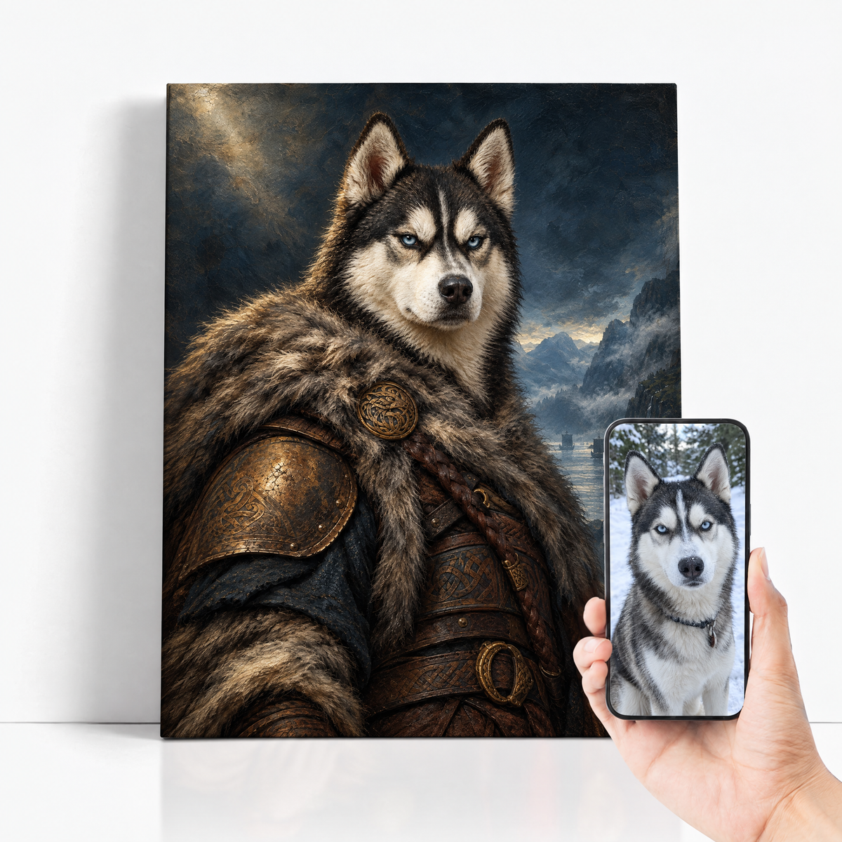 The Pet Viking before and after: customer pet photo beside the finished custom pet portrait