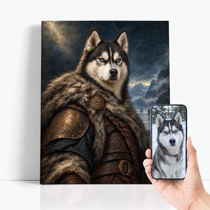 The Pet Viking before and after: customer pet photo beside the finished custom pet portrait