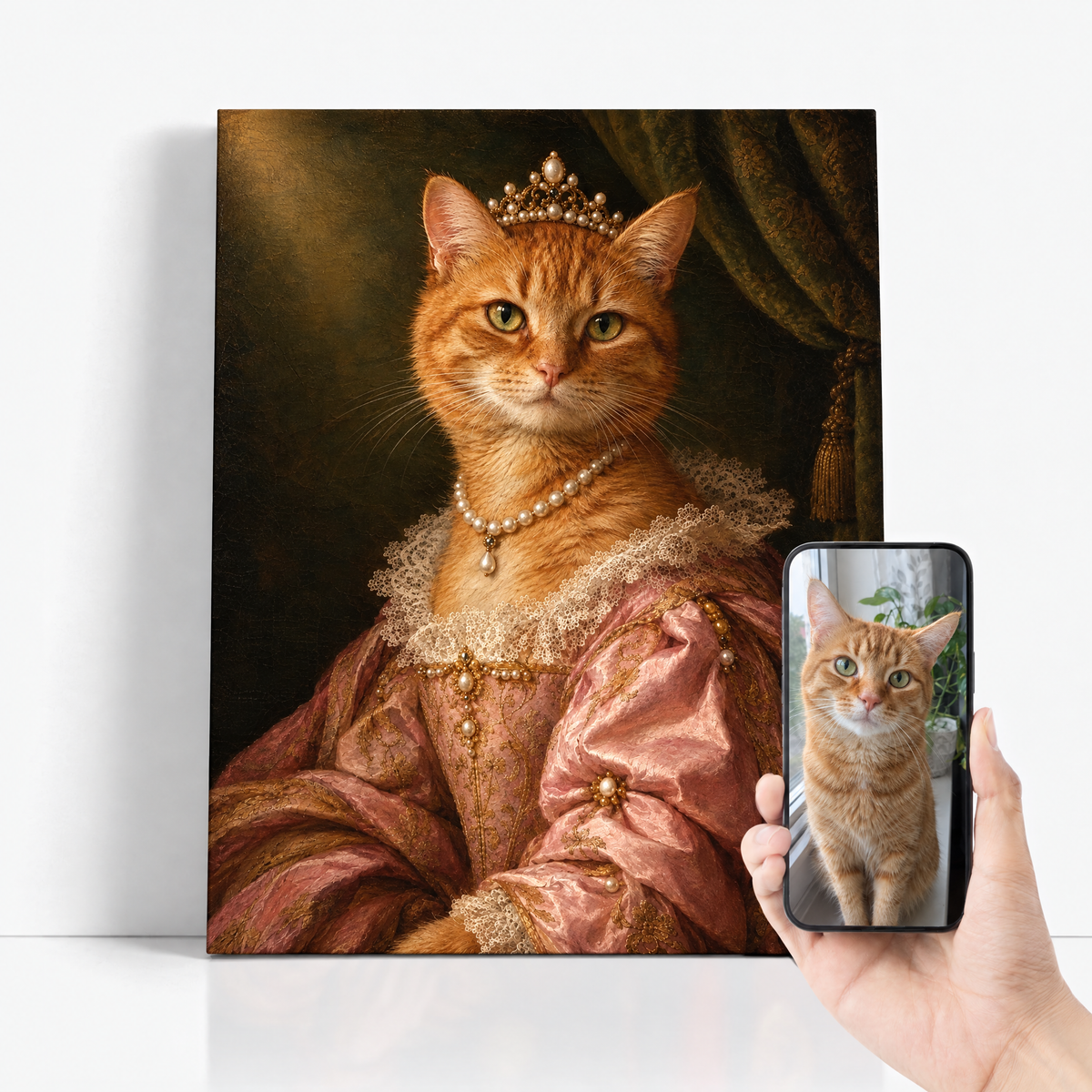 The Pet Princess before and after: customer pet photo beside the finished custom pet portrait